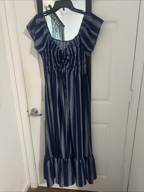 Cupshe Navy and White Striped Maxi Dress with Tie Front